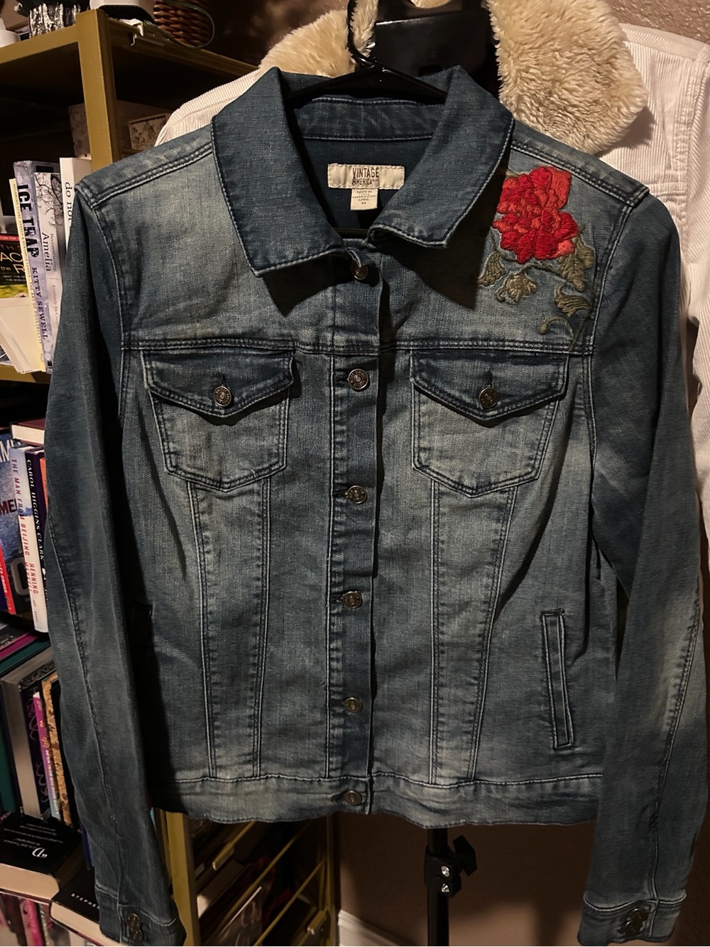 Vintage America Blue Denim Jacket with Red Floral Embroidery